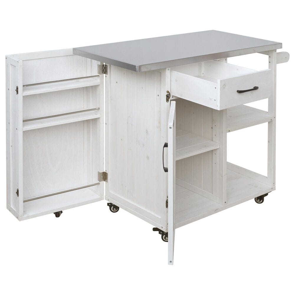 Hearth and Haven Outdoor Kitchen Island Cart with Stainless Steel Top, Towel and Spice Racks in White, , large