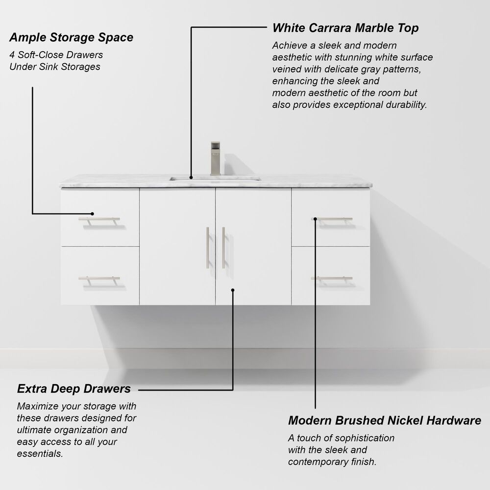Lexora Home Geneva 48" Single Bathroom Vanity in Glossy White with 2 cm White Carrara Marble Top and Rectangular Sink, , large