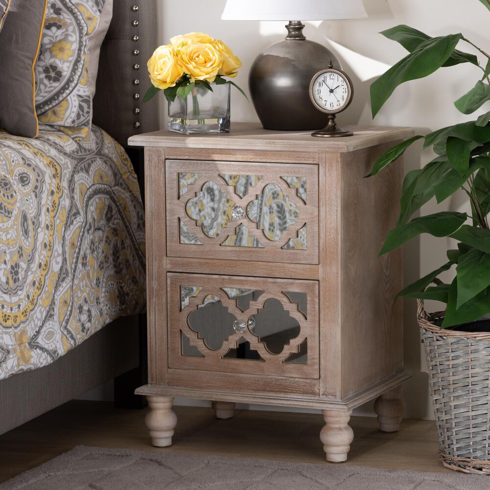 Baxton Studio Celia 2-Drawer Quatrefoil End Table in White Washed Oak, , large