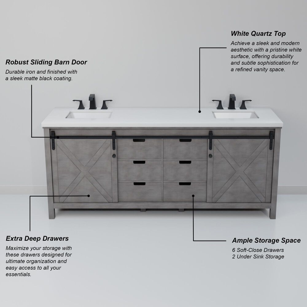 Lexora Home Marsyas 80" Double Bathroom Vanity in Ash Grey with White Quartz Top and Rectangular Sinks, , large