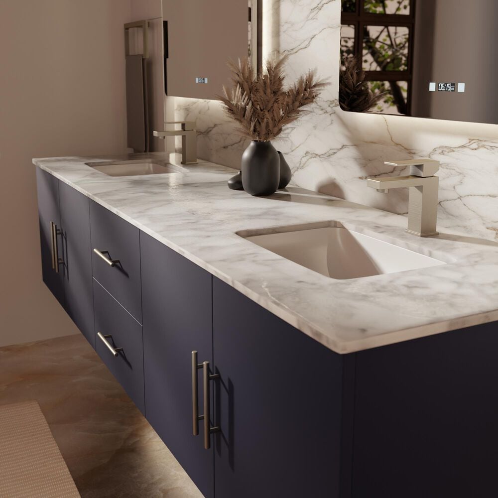 Lexora Home Geneva 80" Double Bathroom Vanity in Navy Blue with 2 cm White Carrara Marble Top and Rectangular Sinks, , large