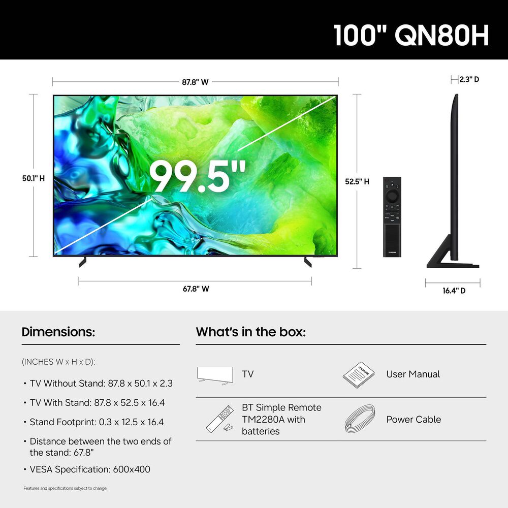 Samsung 100" Class QN80H Neo QLED 4K UHD Vision AI in Titan Black - Smart TV, , large