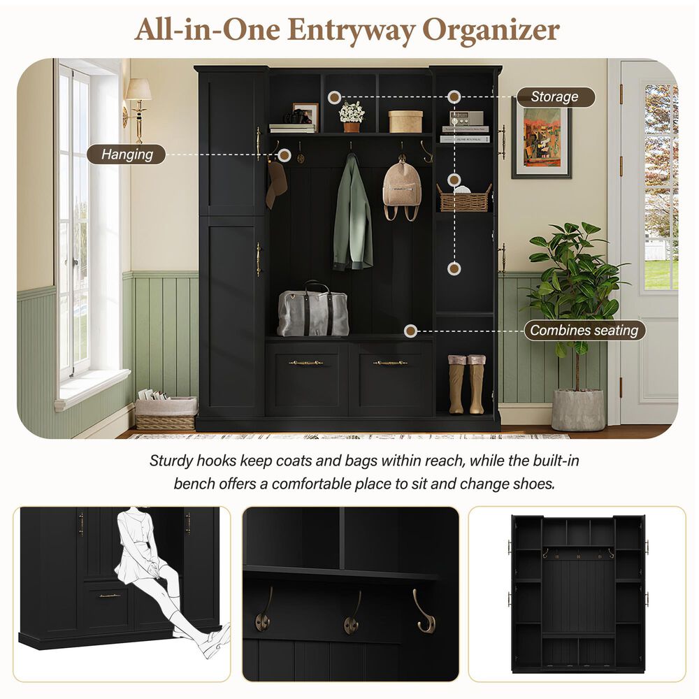 HOMLUX 5-Hook Hall Tree with 4 Side Cabinets and Storage Bench in Black, , large