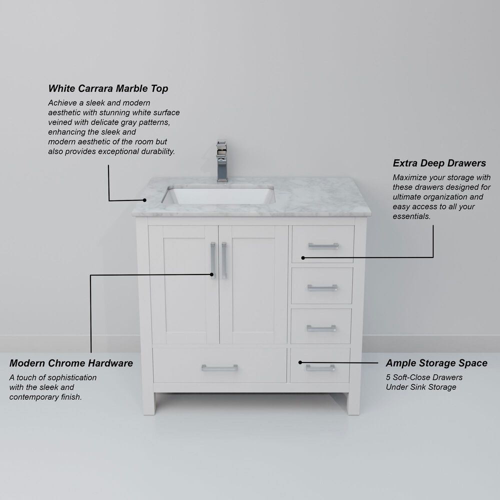 Lexora Home Jacques 36&quot; Left Offset Single Bathroom Vanity in White with 2 cm White Carrara Marble Top and Rectangular Sink, , large
