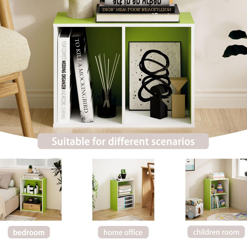 HOMLUX 2-Tier Cube Compact Storage Shelf Organizer Bookcase in Green and White, , large