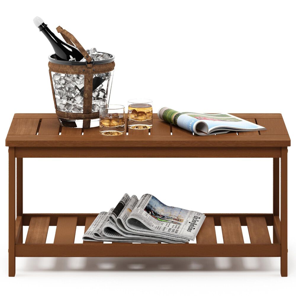 HOMLUX Patio Coffee Table with Shelf in Teak Oil, , large