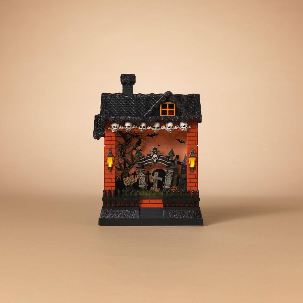 The Gerson Company 10&quot; Lighted Spinning Water Globe Haunted House in Black and Orange, , large