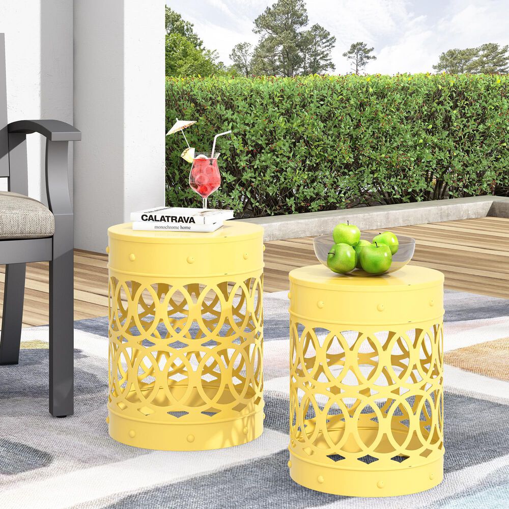 Hearth and Haven Outdoor End Table with Overlapping Circle Design in Yellow (Set of 2), , large