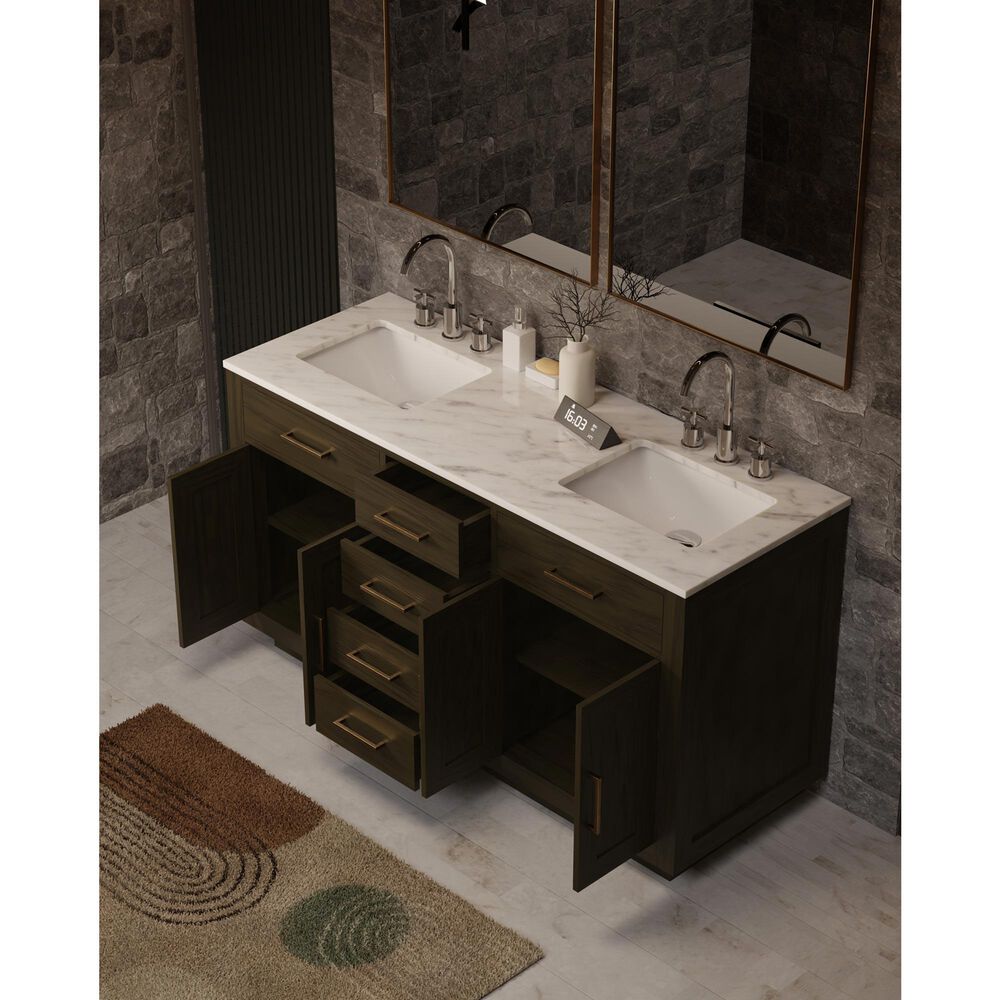 Lexora Home Abbey 60" Double Bathroom Vanity in Brown Oak with 2 cm White Carrara Marble Top and Rectangular Sinks, , large