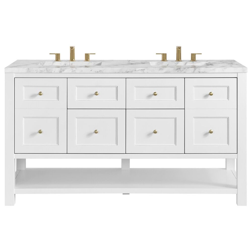 James Martin Vanities Breckenridge 60" Double Bathroom Vanity in Bright White with 3 cm Carrara White Marble Top and Rectangular Sinks, , large