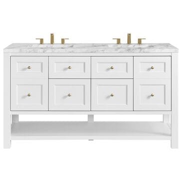 James Martin Vanities Breckenridge 60" Double Bathroom Vanity in Bright White with 3 cm Carrara White Marble Top and Rectangular Sinks, , large