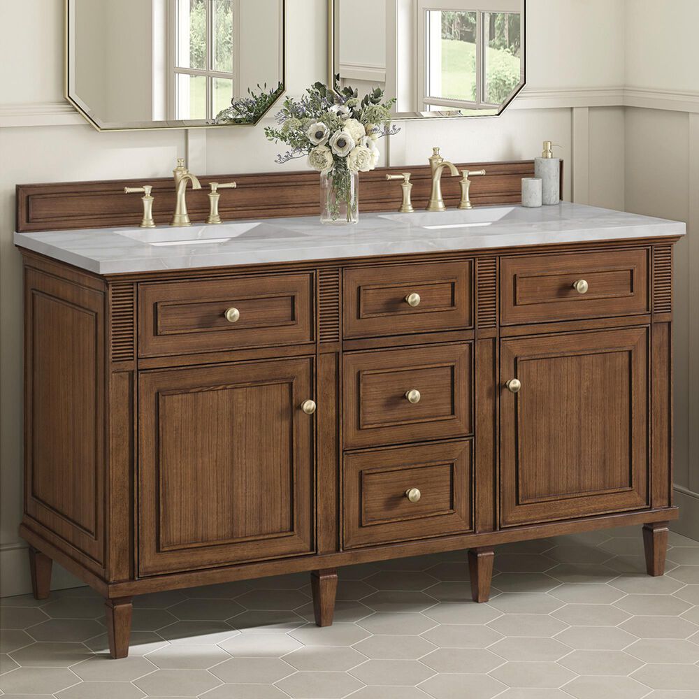James Martin Vanities Lorelai 60&quot; Double Vanity in Mid-Century Walnut with 3 cm Victorian Silver Quartz Top, , large