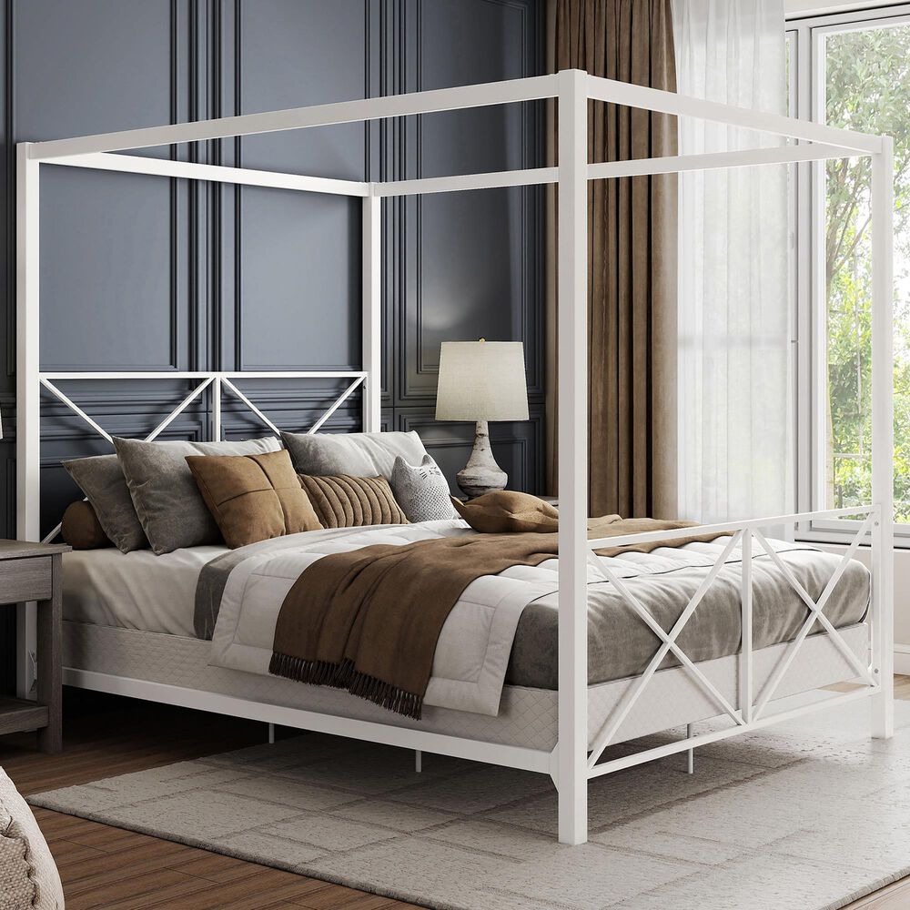 Furniture of America Rosadale Queen X-Cross Canopy Bed in White, , large