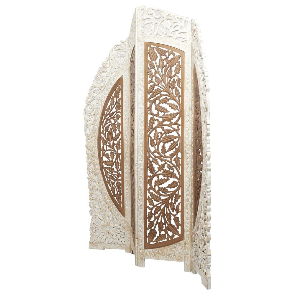 Maple and Jade 4-Panel Partition Room Divider Screen with Carved Designs in Brown and White, , large