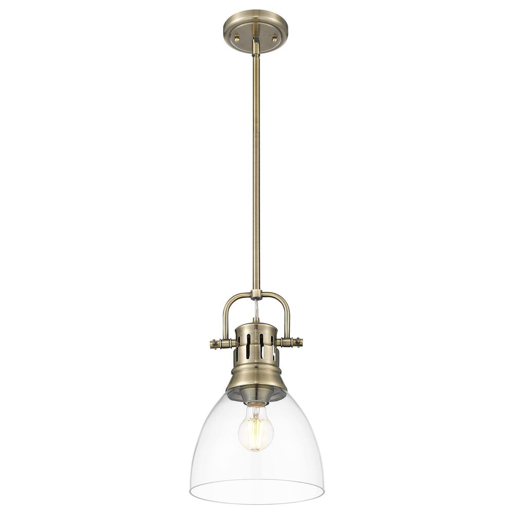 Golden Lighting Duncan 1-Light Small Pendant with Rod and Clear Shade in Aged Brass, , large