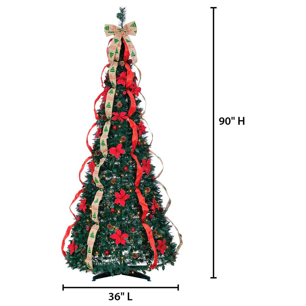 The Gerson Company 7.5&#39; Pop-Up Decorated Pine Tree with Warm White LED Lights in Green, Red and Gold, , large