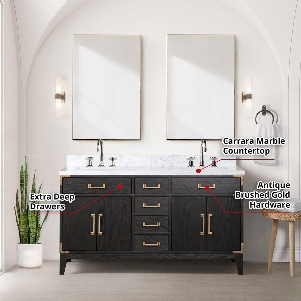Lexora Home Laurel 60&quot; Double Bathroom Vanity in Black Oak with White Carrara Marble Top and Rectangular Sinks, , large
