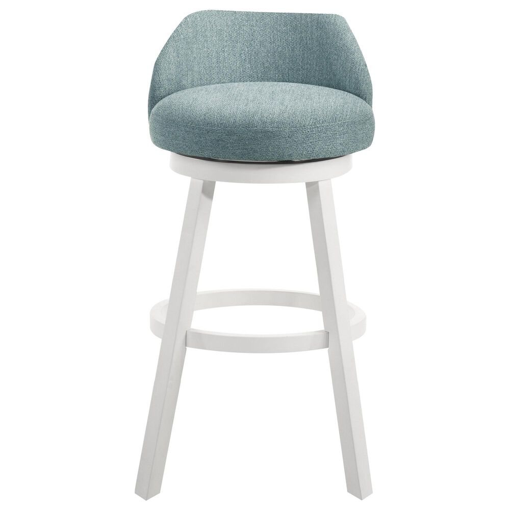 Armen Living Erika Swivel Bar Height Stool with Light Blue Upholstery in White, , large