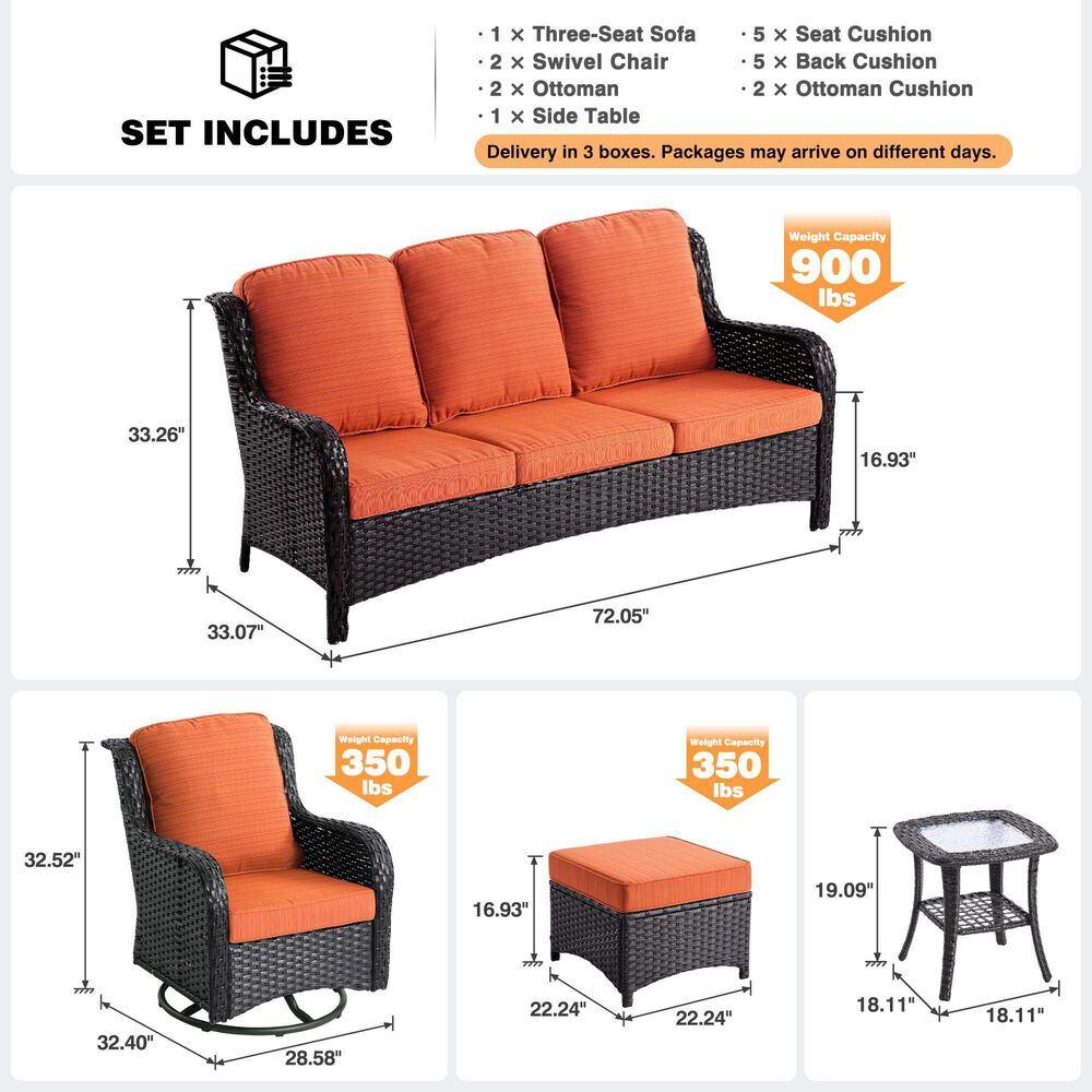 HOMLUX 6-Piece Patio Furniture Set with Swivel Rocking Chairs, High Back Outdoor Wicker Sofa Couch, Brown Rattan in Orange Red, , large