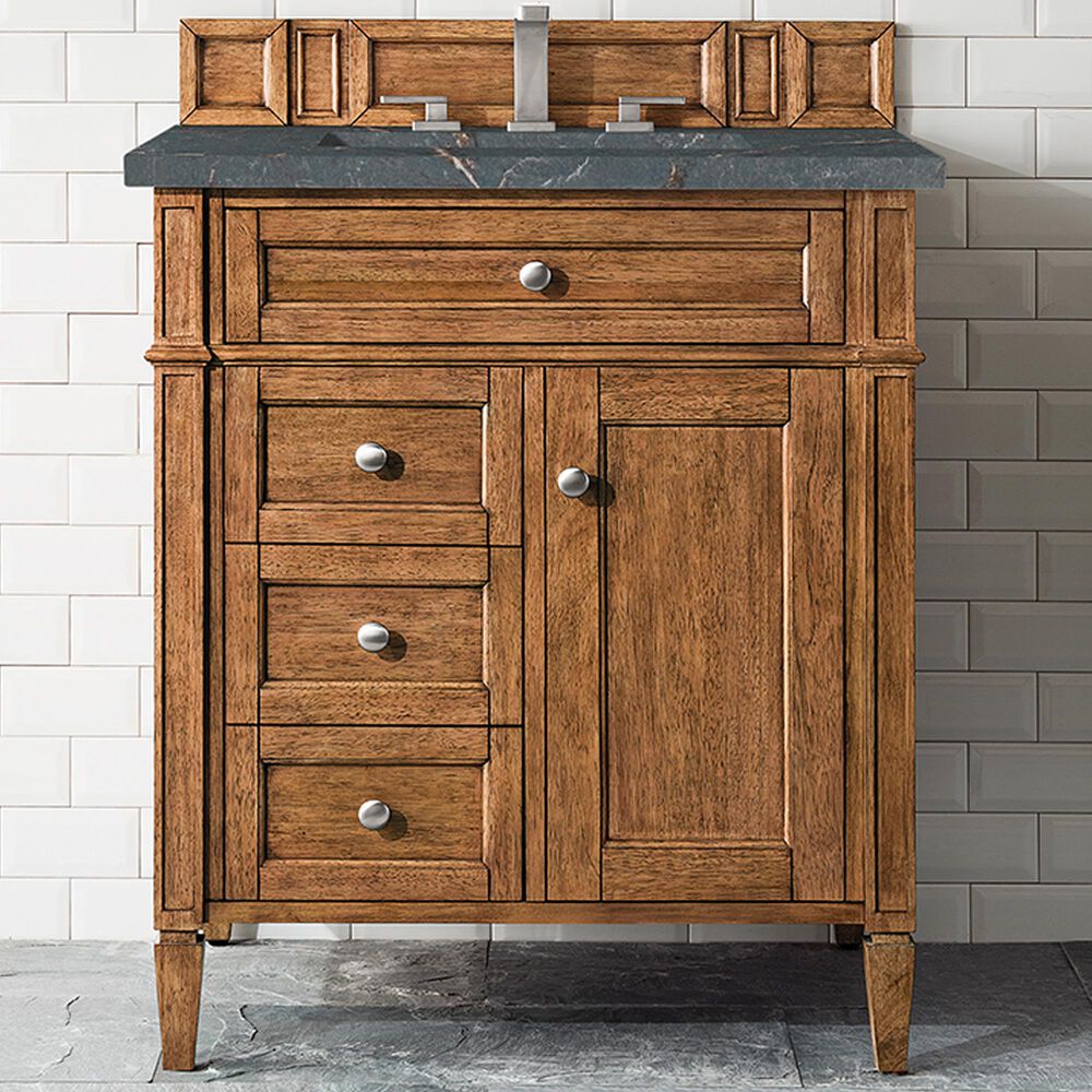 James Martin Vanities Brittany 30&quot; Single Bathroom Vanity in Saddle Brown with 3 cm Parisien Bleu Quartz Top and Rectangular Sink, , large