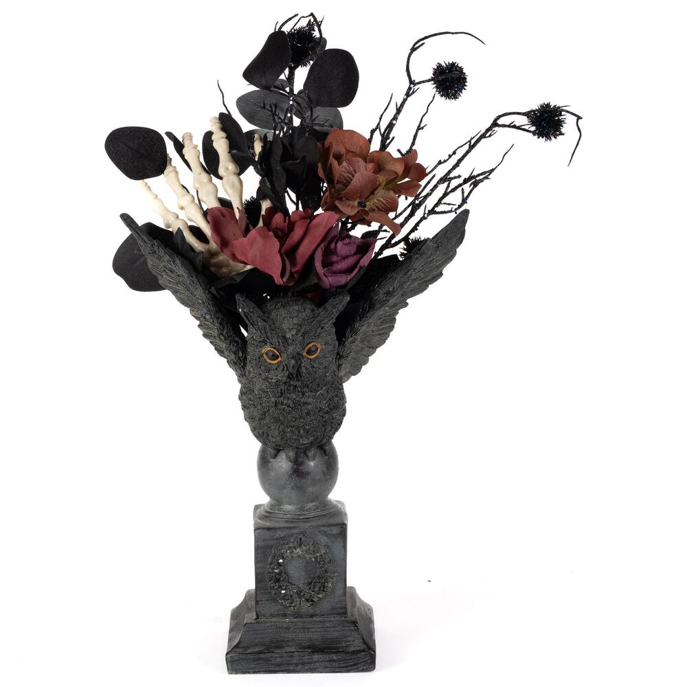 The Gerson Company 20&quot;H Resin Halloween Owl with Floral Arrangement in Black, , large