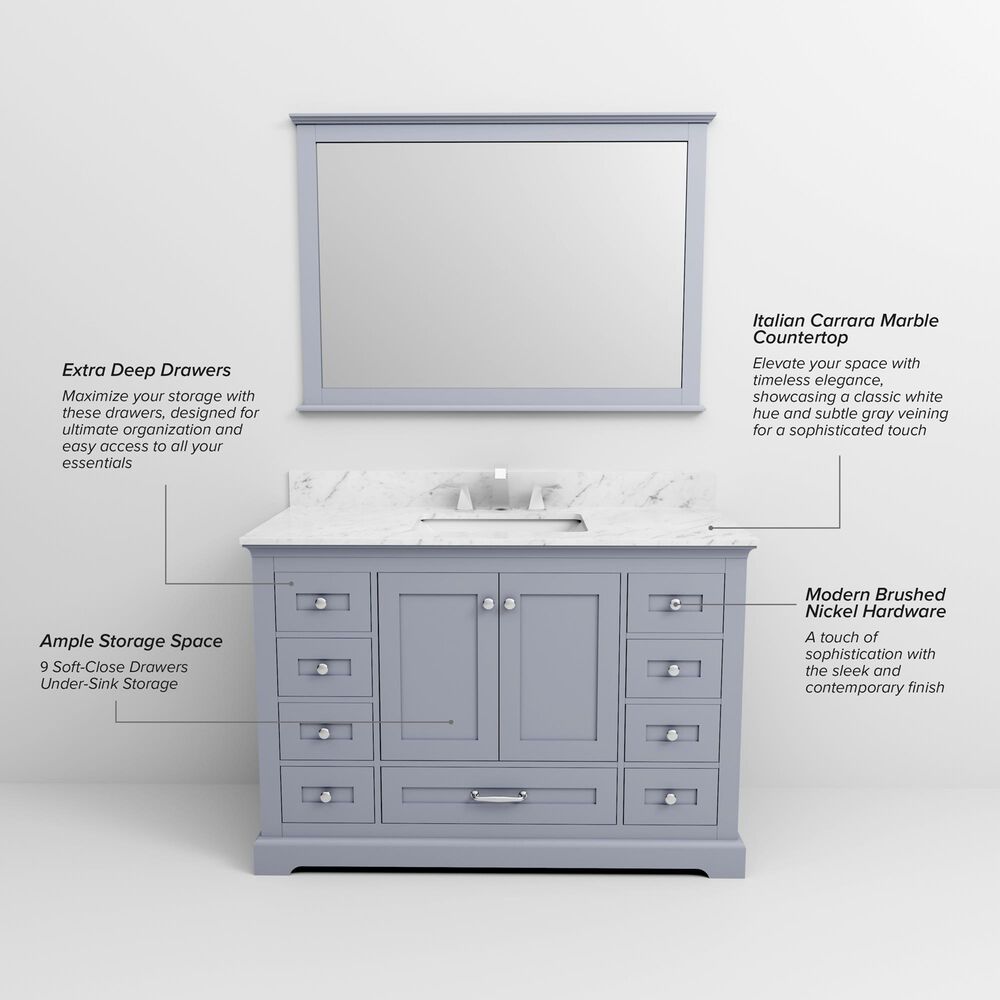 Lexora Home Dukes 48" Single Bathroom Vanity in Dark Grey with 2 cm White Carrara Marble Top and Rectangular Sink, , large