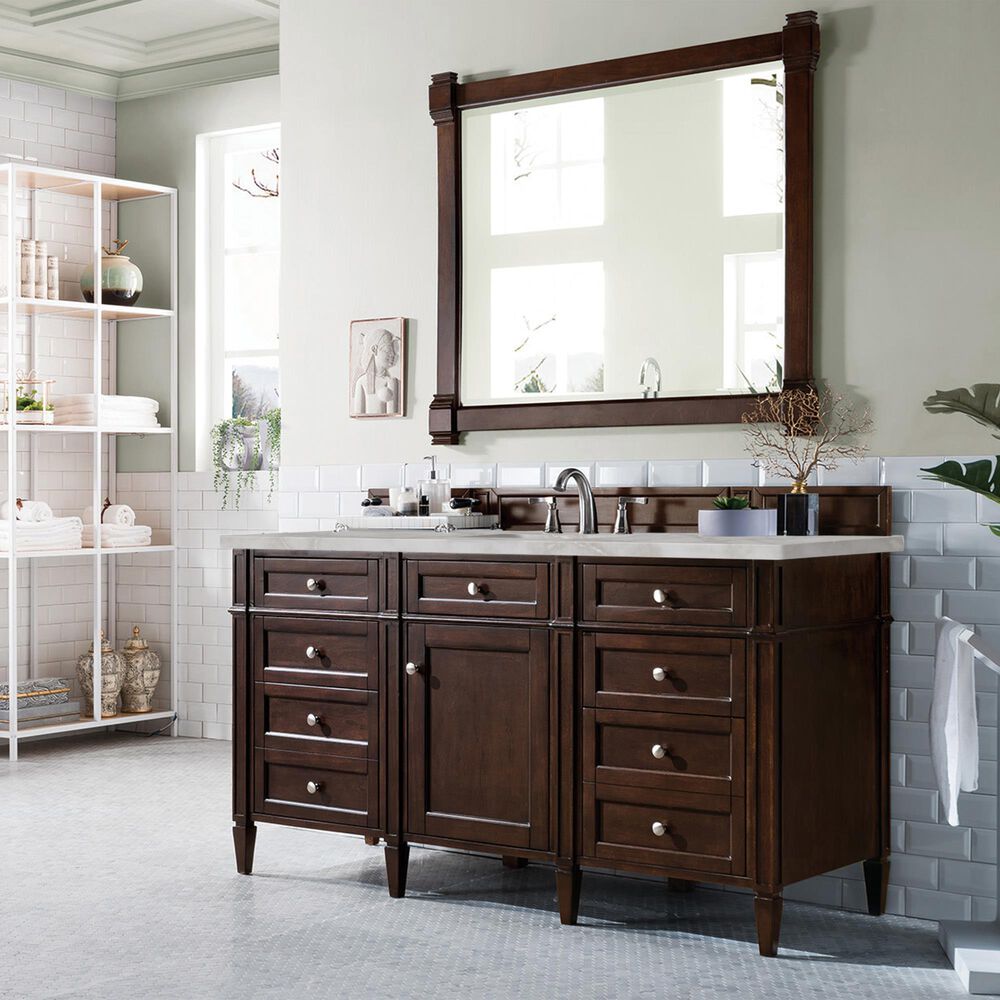 James Martin Vanities Brittany 60" Single Bathroom Vanity in Burnished Mahogany with 3 cm Eternal Jasmine Pearl Silestone Top, Rectangular Sink and FreePower Wireless Charger, , large