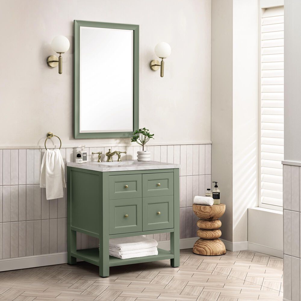 James Martin Vanities Breckenridge 30&quot; Single Bathroom Vanity in Smokey Celadon with 3 cm Victorian Silver Quartz Top and Rectangular Sink, , large