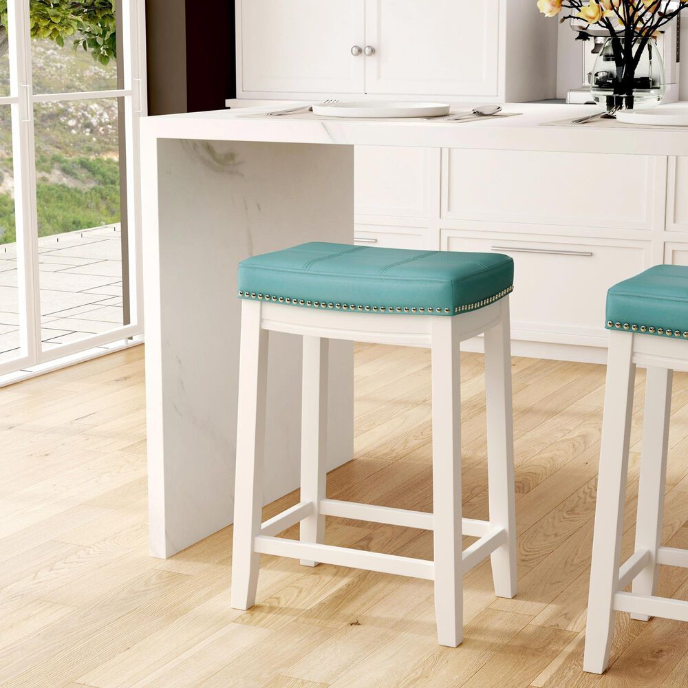 Linon Home Decor Claridge Counter Stool with Teal Cushion in White, , large