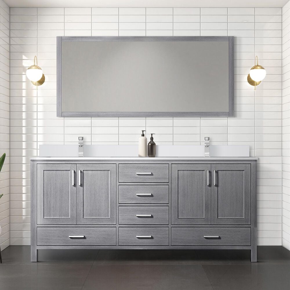 Lexora Home Jacques 72&quot; Double Bathroom Vanity in Distressed Grey with 2 cm White Cultured Marble Top and Rectangular Sinks, , large