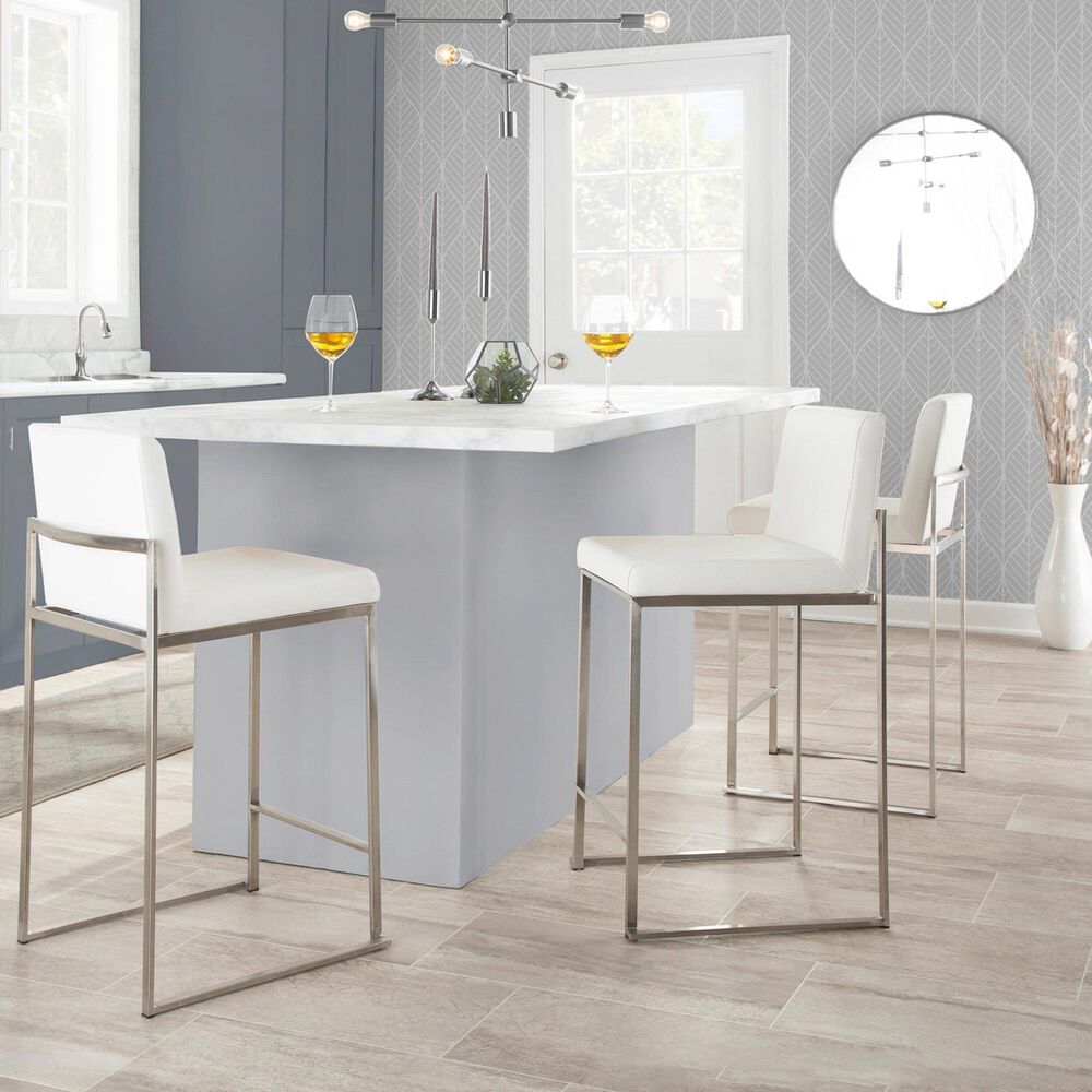 LumiSource Fuji 26" Counter Stool with White Upholstery in Stainless Steel (Set of 2), , large