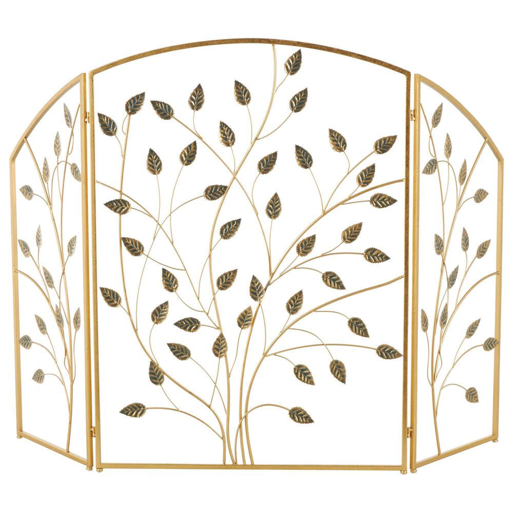 Maple and Jade Leaf Foldable Three Panel Fireplace Screen in Satin Gold, , large