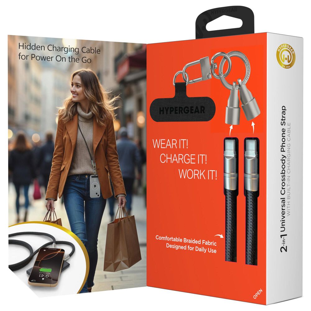 Hypercel 2-in-1 Universal Crossbody Phone Strap and Charging Cable in Black, , large