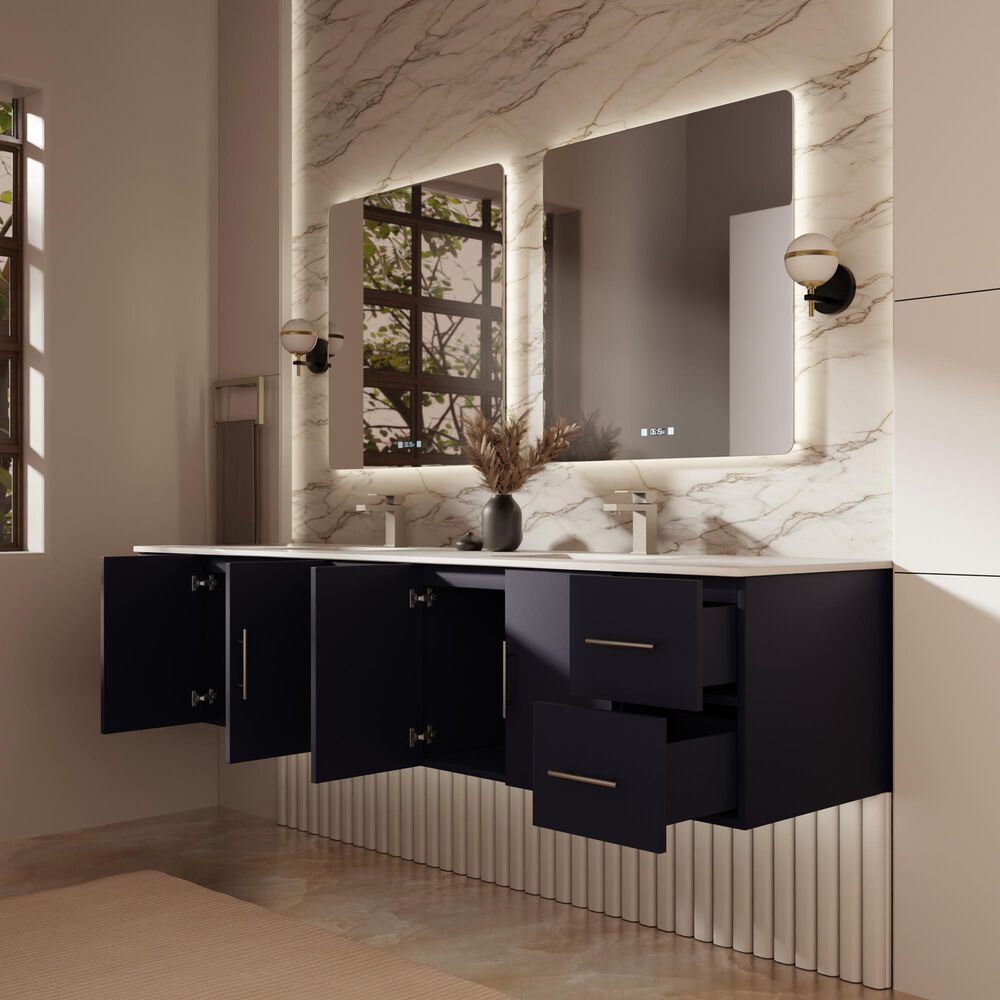 Lexora Home Geneva 84" Double Bathroom Vanity in Navy Blue with 2 cm White Cultured Marble Top and Rectangular Sinks, , large
