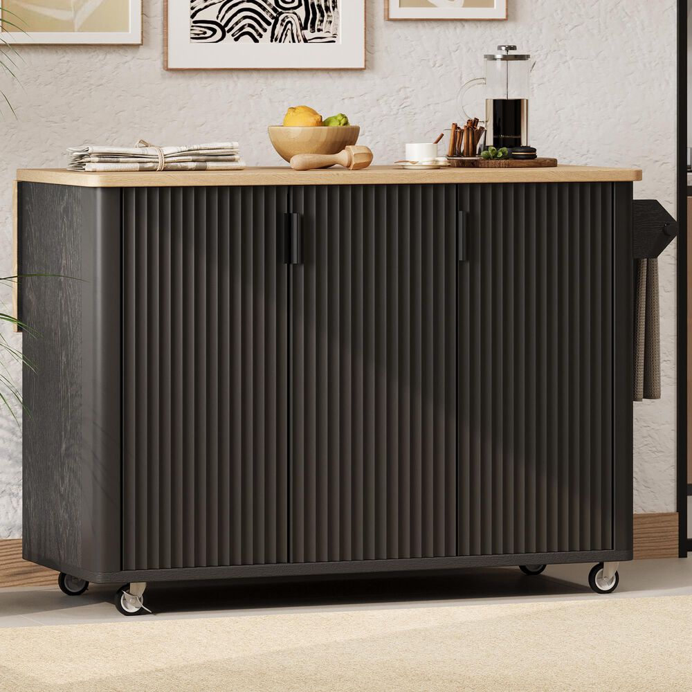 HOMLUX 51" Fluted Kitchen Island with Drop Leaf in Black Ash, , large