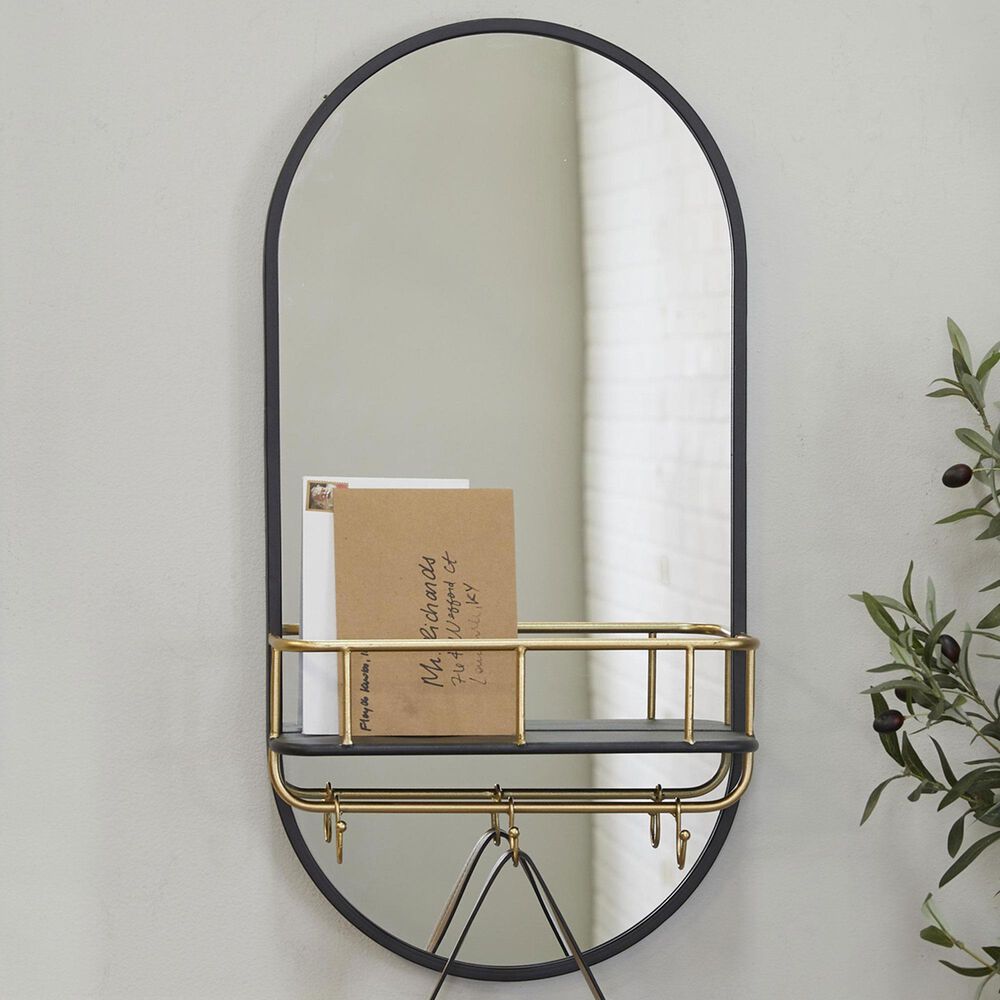 Maple and Jade Metal Oval Wall Mirror with 1 Shelf in Matte Black, , large