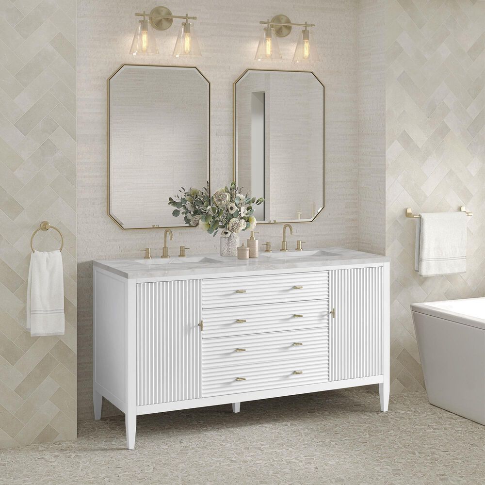 James Martin Vanities Myrrin 60" Double Bathroom Vanity in Bright White with 3 cm Eternal Jasmine Pearl Silestone Top, Rectangular Sinks and FreePower Wireless Charger, , large