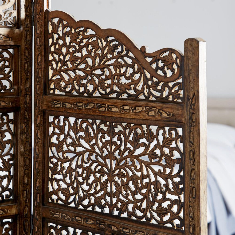 Maple and Jade 4-Panel Foldable Room Divider Screen with Carved Designs in Brown, , large