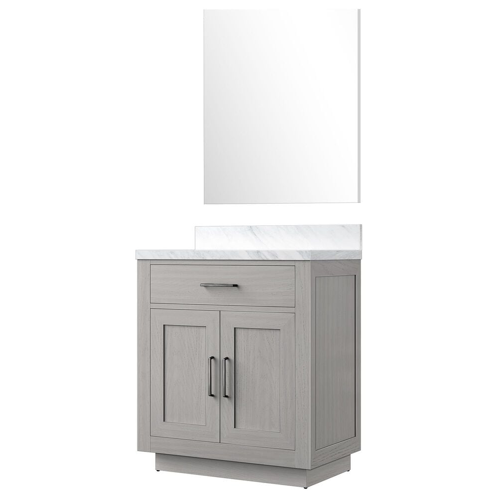 Lexora Home Abbey 30" Single Bathroom Vanity in White Oak with 2 cm White Carrara Marble Top, Rectangular Sink and 28" Mirror, , large