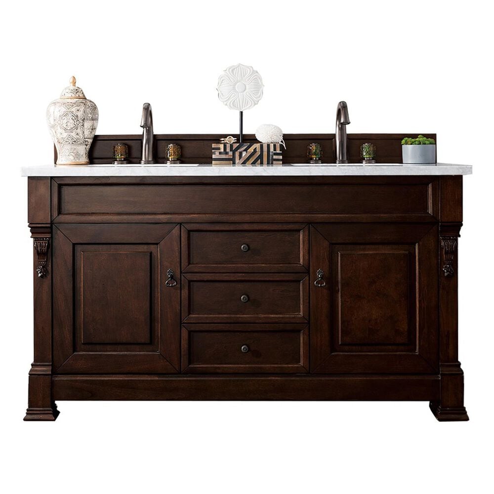 James Martin Vanities Brookfield 60" Double Bathroom Vanity in Burnished Mahogany with 3 cm Arctic Fall Solid Surface Top and Rectangle Sink, , large