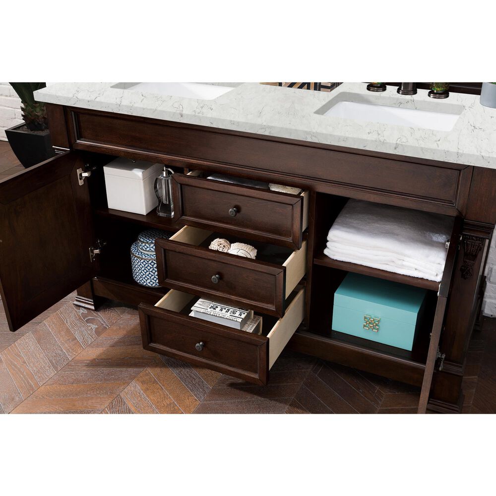 James Martin Vanities Brookfield 60&quot; Double Bathroom Vanity in Burnished Mahogany with 3 cm Eternal Jasmine Pearl Quartz Top and Rectangle Sinks, , large