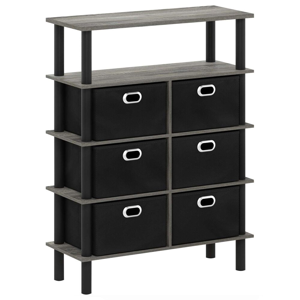 HOMLUX 5-Tier Modern Storage Bookshelf with 6 Storage Bins in French Oak Grey and Black, , large