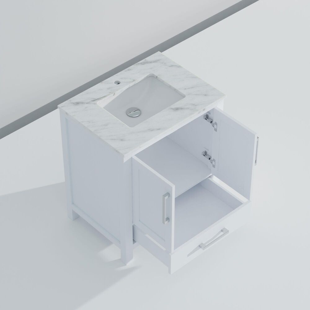 Lexora Home Jacques 30&quot; Single Bathroom Vanity in White with 2 cm White Carrara Marble Top and Rectangular Sink, , large