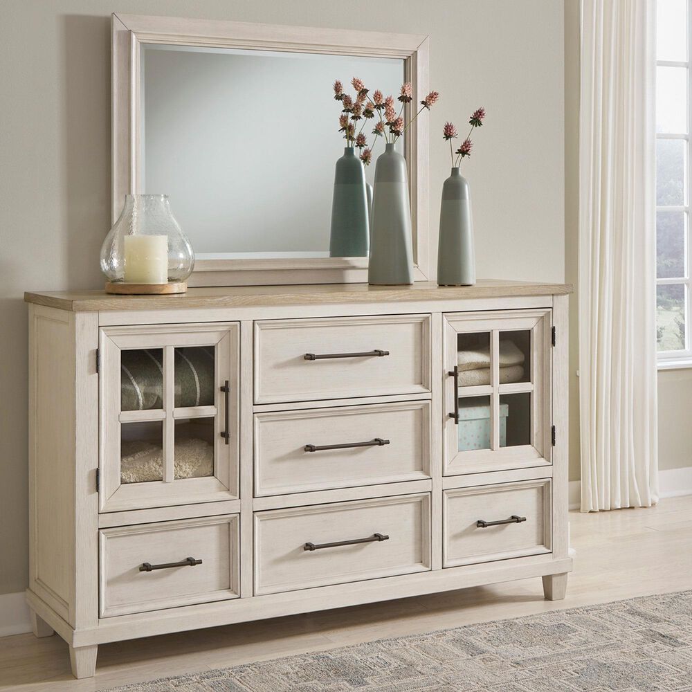 Ashley Shaybrock 5-Drawer Dresser and Mirror in Antique White and Brown, , large