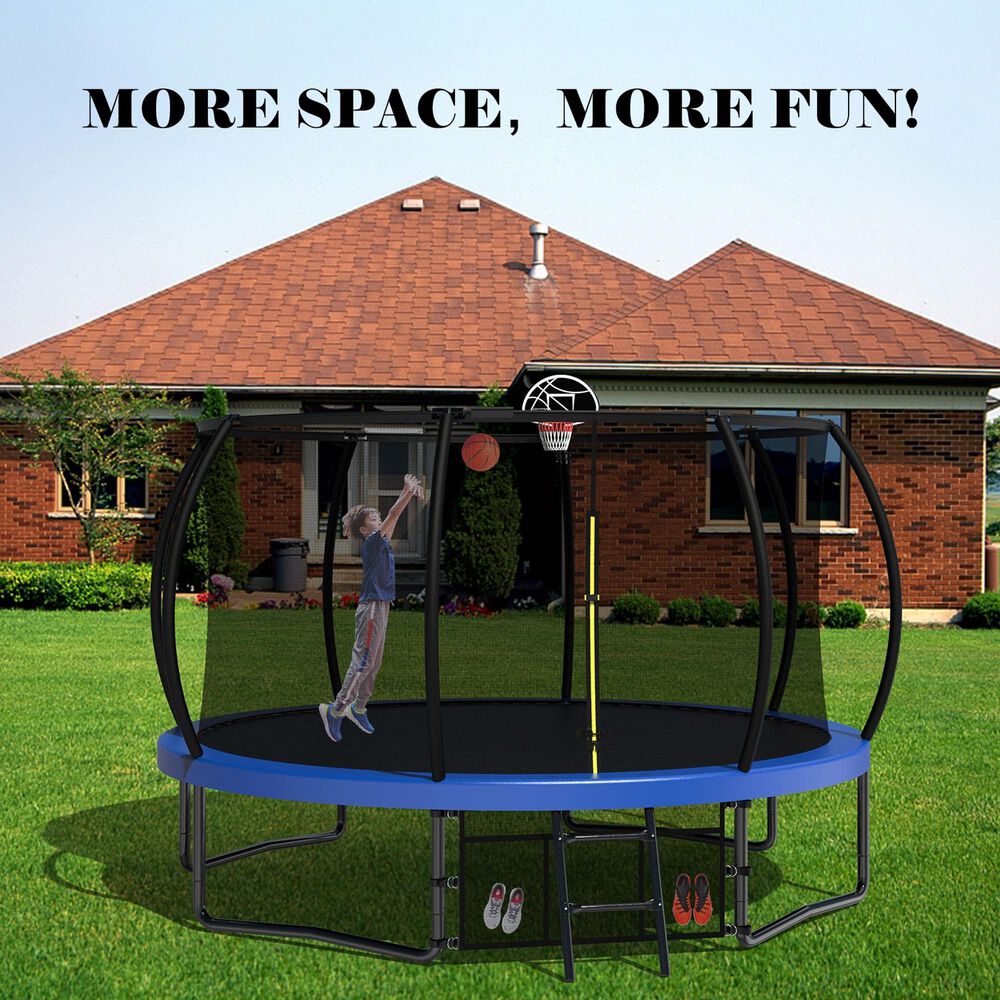 HOMLUX 12' Outdoor Trampoline with Basketball Hoop in Blue, , large