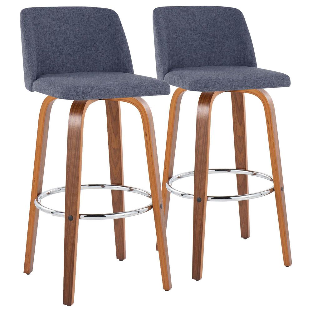 LumiSource Toriano Swivel Bar Stool with Blue Fabric Upholstery in Walnut and Chrome (Set of 2), , large