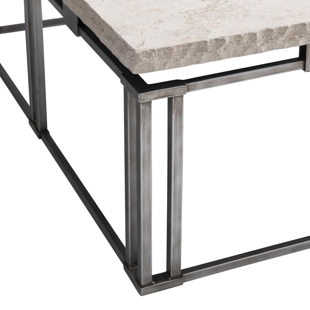 Bernhardt Riverton 48&quot; Cocktail Table in Honed Bianco Travertine and Silver, , large