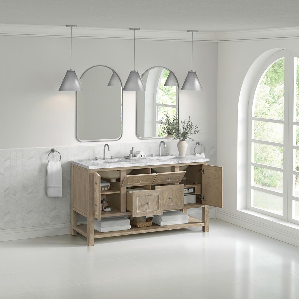 James Martin Vanities Breckenridge 60&quot; Double Bathroom Vanity in Whitewashed Oak with 3 cm Carrara White Marble Top and Rectangular Sinks, , large