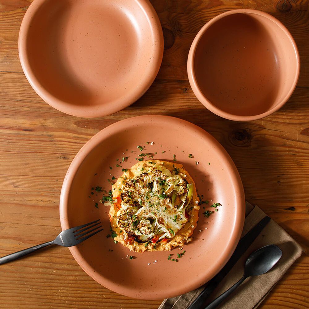 Gibson Home Corcisa Clay 12-Piece Stoneware Reactive Glaze Dinnerware Set in Burnt Apricot Terracotta, , large