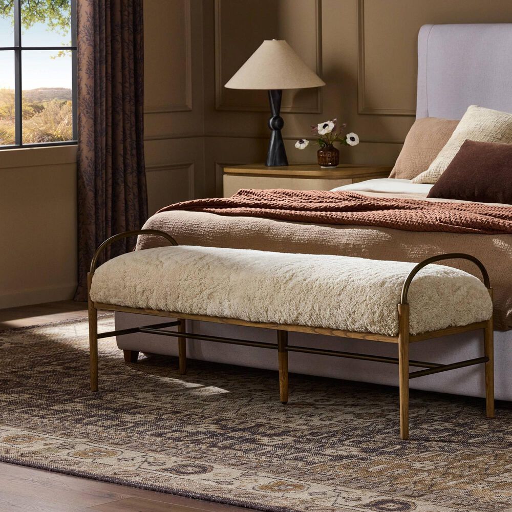 Four Hands Demi Accent Bench in Beige Shearling, , large